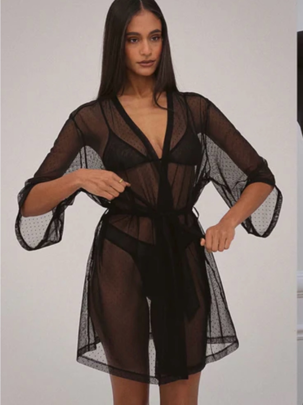 Weworewhat Black Sheer Mesh Robe With Tie Belt